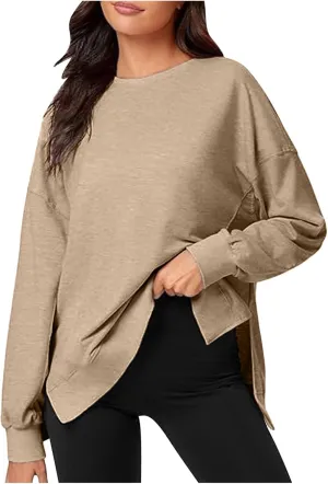 Women's Crewneck Oversized Sweatshirt Hoodless Fashion Solid Comfy Long Sleeve Slit Hem Outfit Pullover Sweatshirt