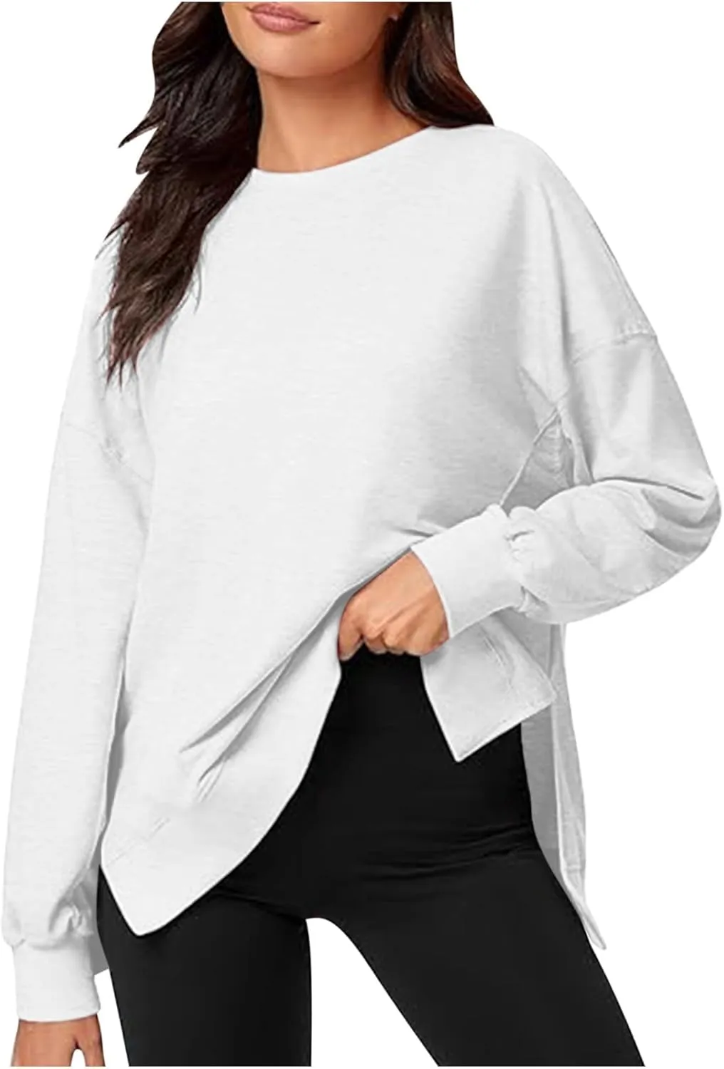 Women's Crewneck Oversized Sweatshirt Hoodless Fashion Solid Comfy Long Sleeve Slit Hem Outfit Pullover Sweatshirt