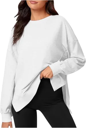Women's Crewneck Oversized Sweatshirt Hoodless Fashion Solid Comfy Long Sleeve Slit Hem Outfit Pullover Sweatshirt