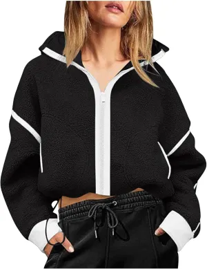 Women's Cropped Sherpa Hoodie Fleece Zip Up Jacket Warm Hooded Sweatshirt for Casual Winter and Fall Outfits