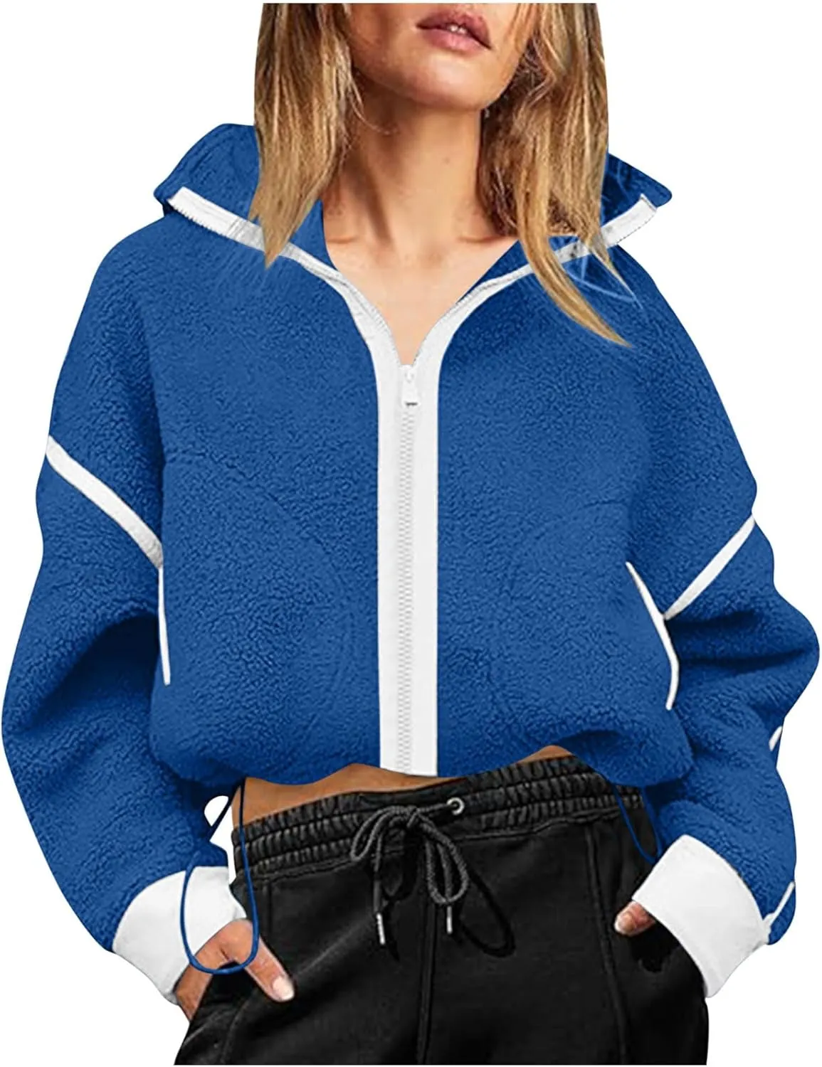 Women's Cropped Sherpa Hoodie Fleece Zip Up Jacket Warm Hooded Sweatshirt for Casual Winter and Fall Outfits