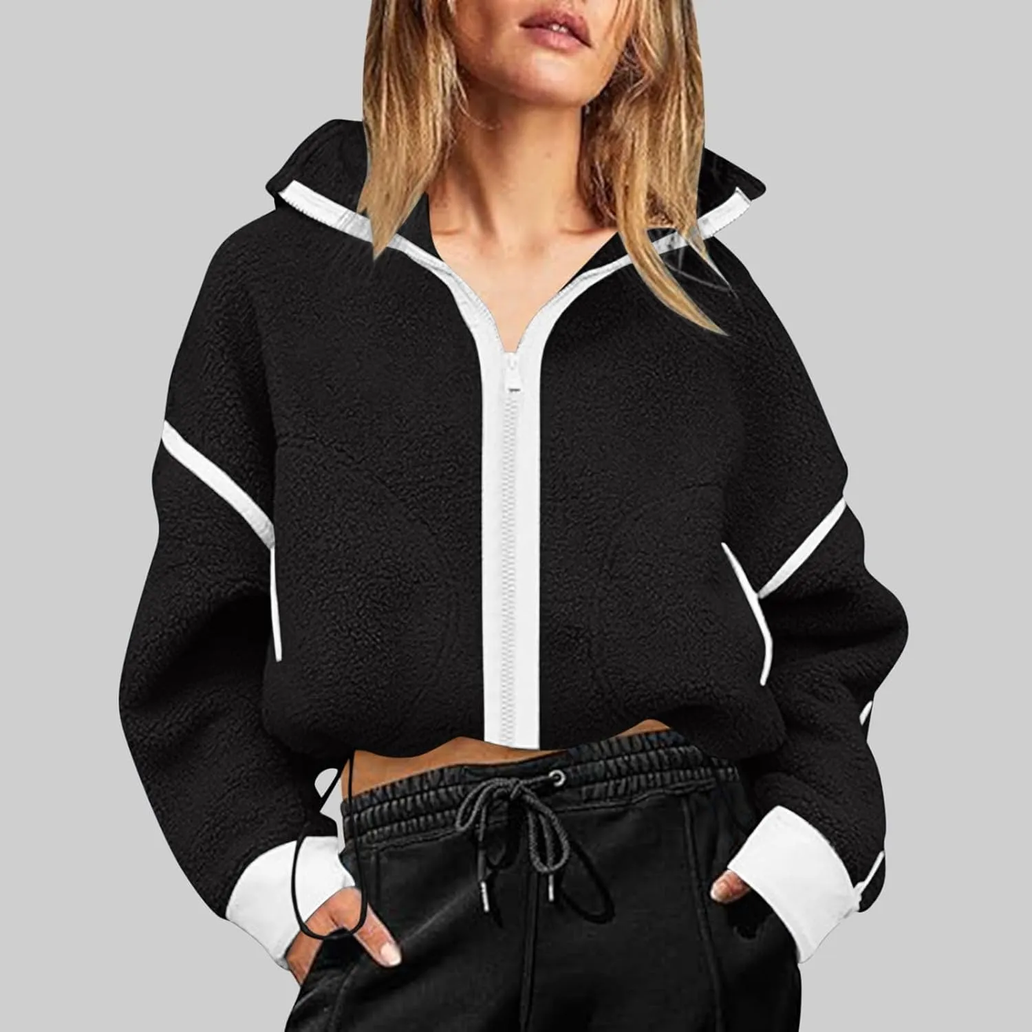 Women's Cropped Sherpa Hoodie Fleece Zip Up Jacket Warm Hooded Sweatshirt for Casual Winter and Fall Outfits