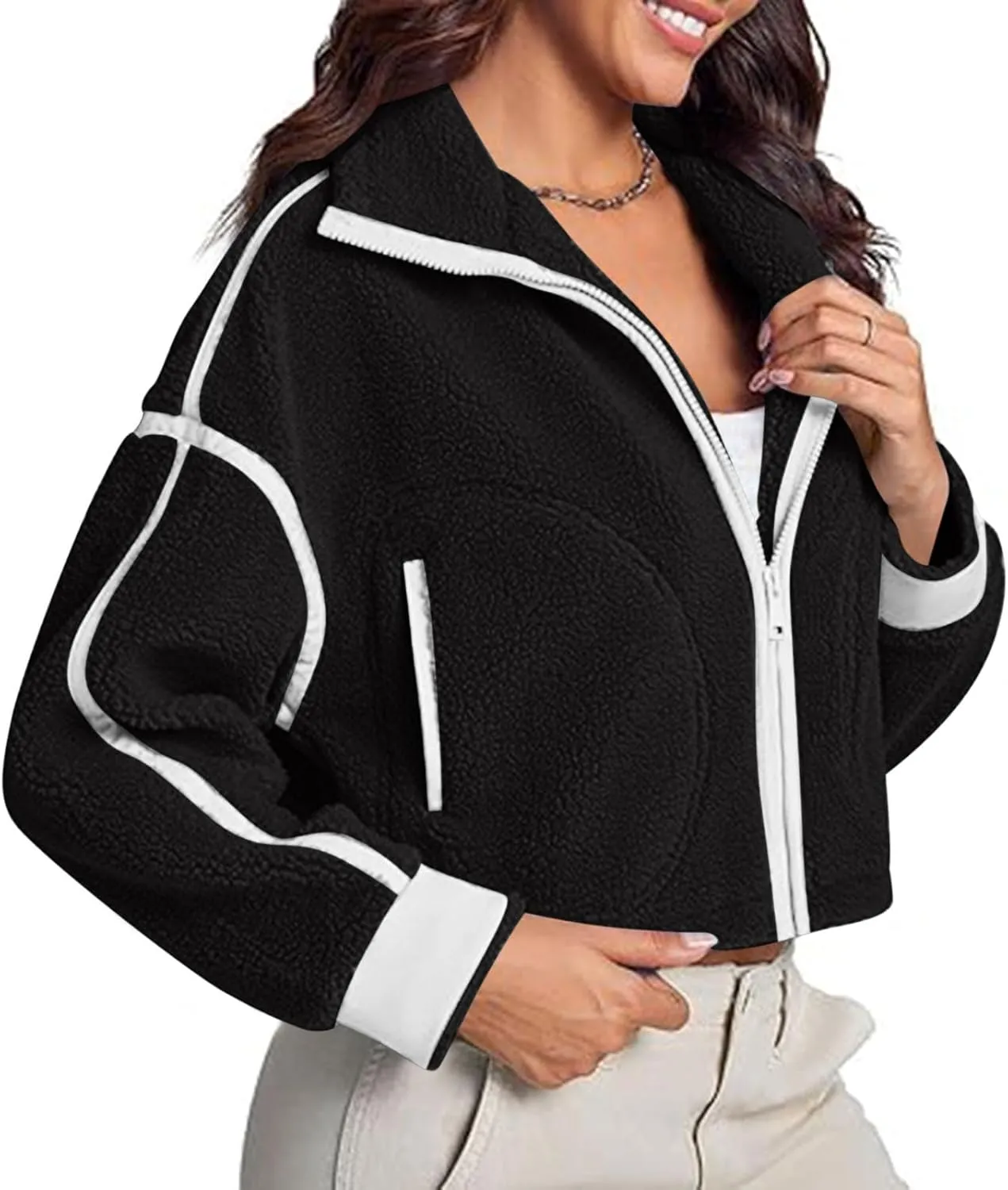 Women's Cropped Sherpa Hoodie Fleece Zip Up Jacket Warm Hooded Sweatshirt for Casual Winter and Fall Outfits
