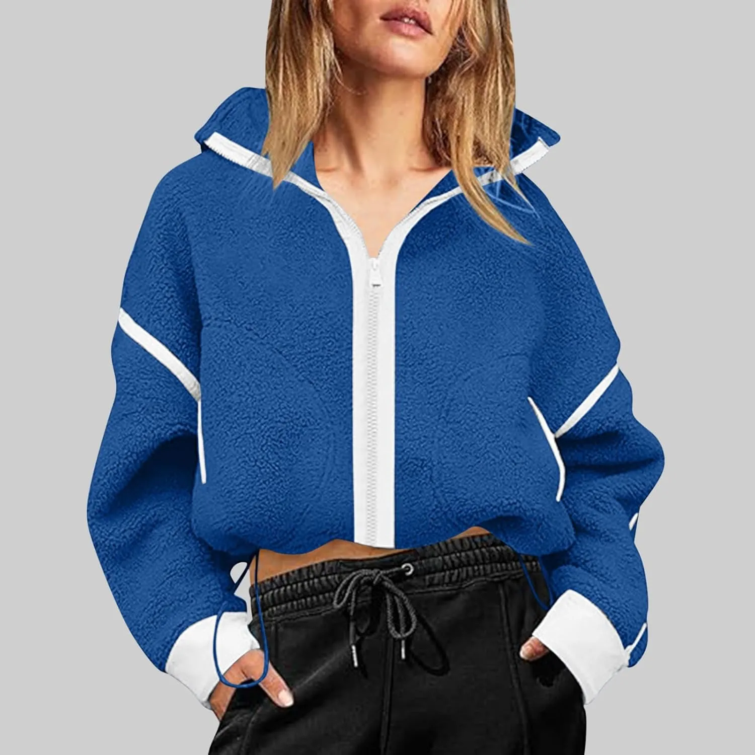 Women's Cropped Sherpa Hoodie Fleece Zip Up Jacket Warm Hooded Sweatshirt for Casual Winter and Fall Outfits