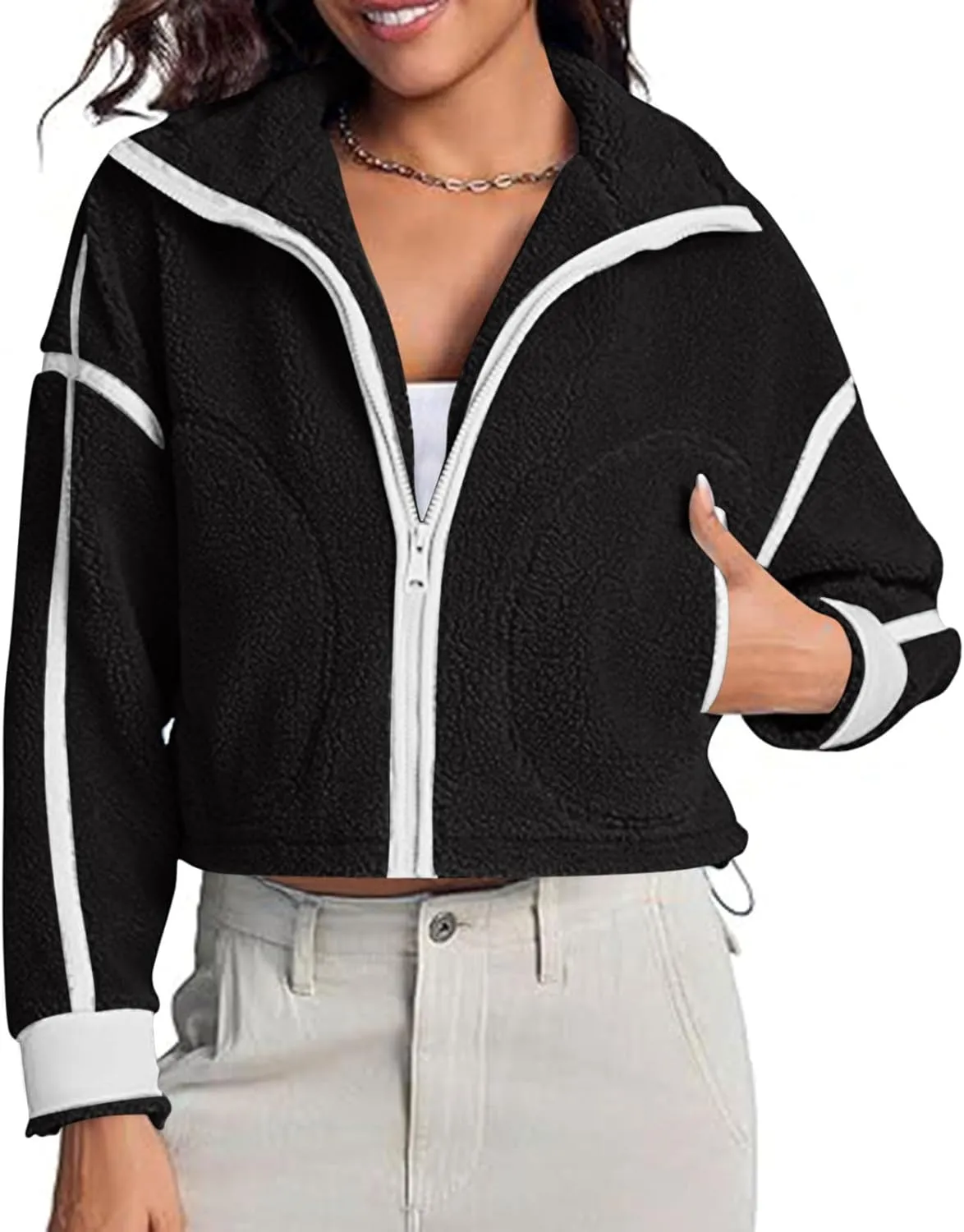 Women's Cropped Sherpa Hoodie Fleece Zip Up Jacket Warm Hooded Sweatshirt for Casual Winter and Fall Outfits