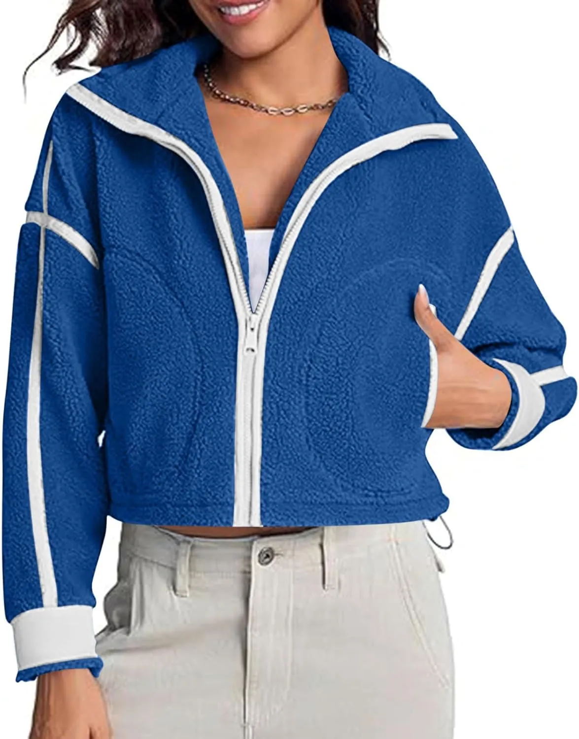 Women's Cropped Sherpa Hoodie Fleece Zip Up Jacket Warm Hooded Sweatshirt for Casual Winter and Fall Outfits