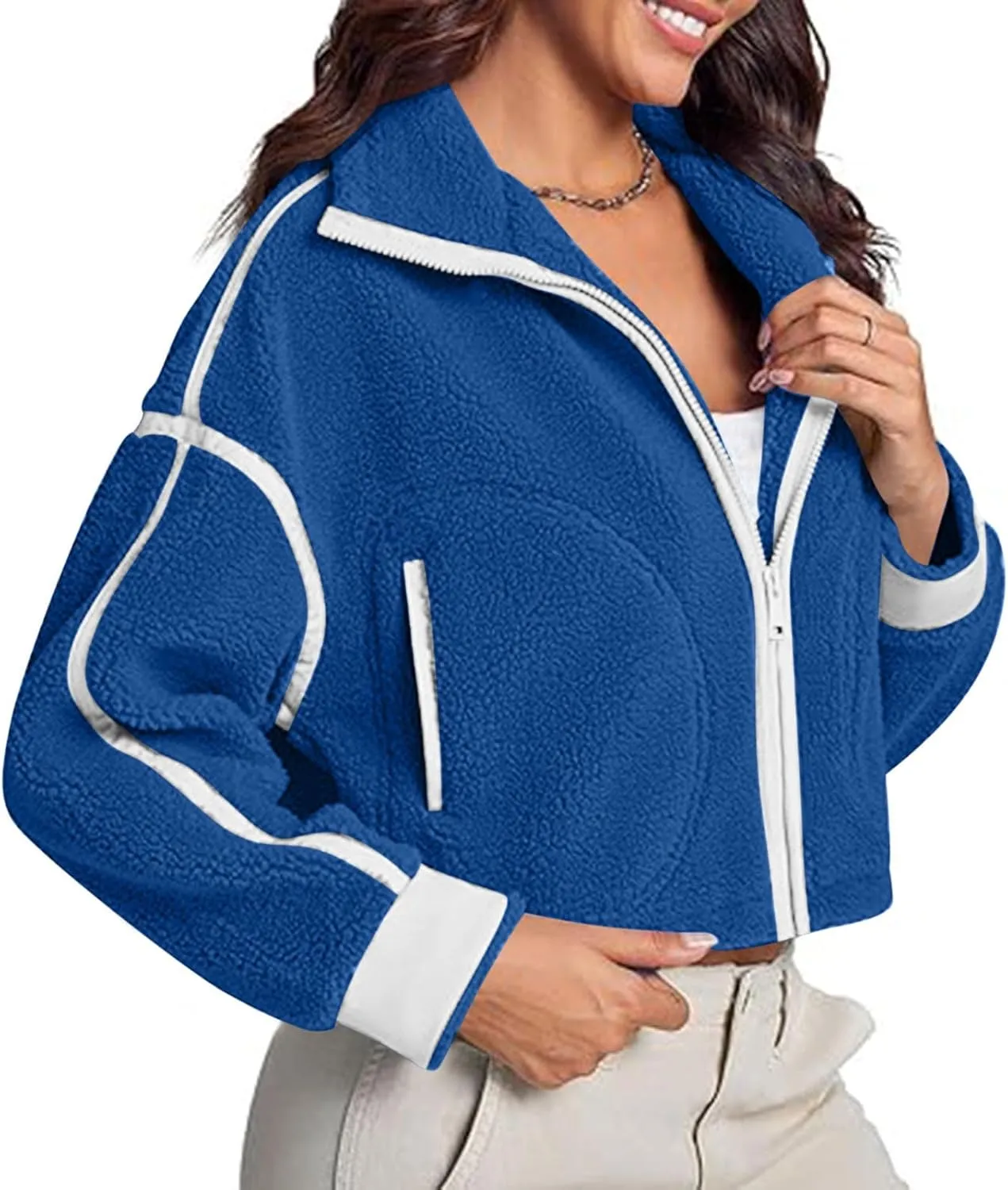 Women's Cropped Sherpa Hoodie Fleece Zip Up Jacket Warm Hooded Sweatshirt for Casual Winter and Fall Outfits