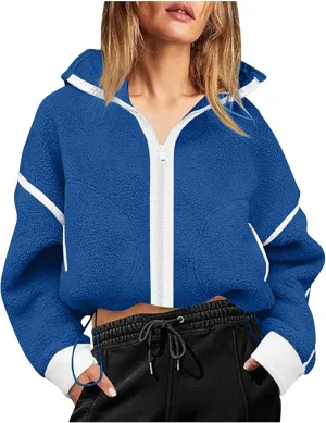 Women's Cropped Sherpa Hoodie Fleece Zip Up Jacket Warm Hooded Sweatshirt for Casual Winter and Fall Outfits