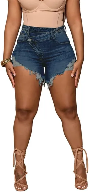 Women's Crossover High Waisted Denim Shorts Ripped Raw Hem Jean Shorts