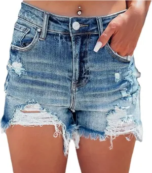 Women's Denim Shorts High Waisted Ripped Stretchy Denim Hot Short Distressed Frayed Hem Jeans Shorts with Pockets