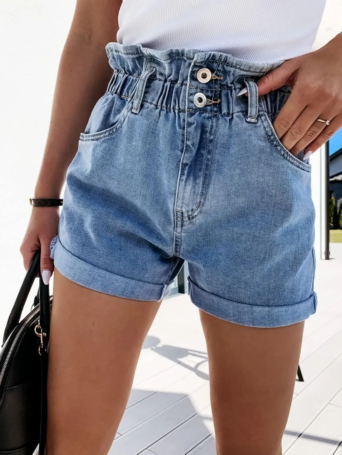 Women's Denim Shorts High Waisted Ripped Stretchy Denim Hot Short Distressed Frayed Hem Jeans Shorts with Pockets