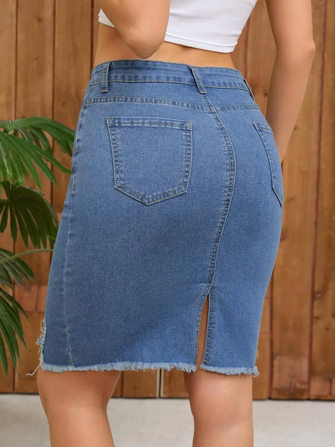 Women's Denim Skirt Stretch Denim High Waisted Raw Hem Above The Knee Pencil Skirt Jean Skirts