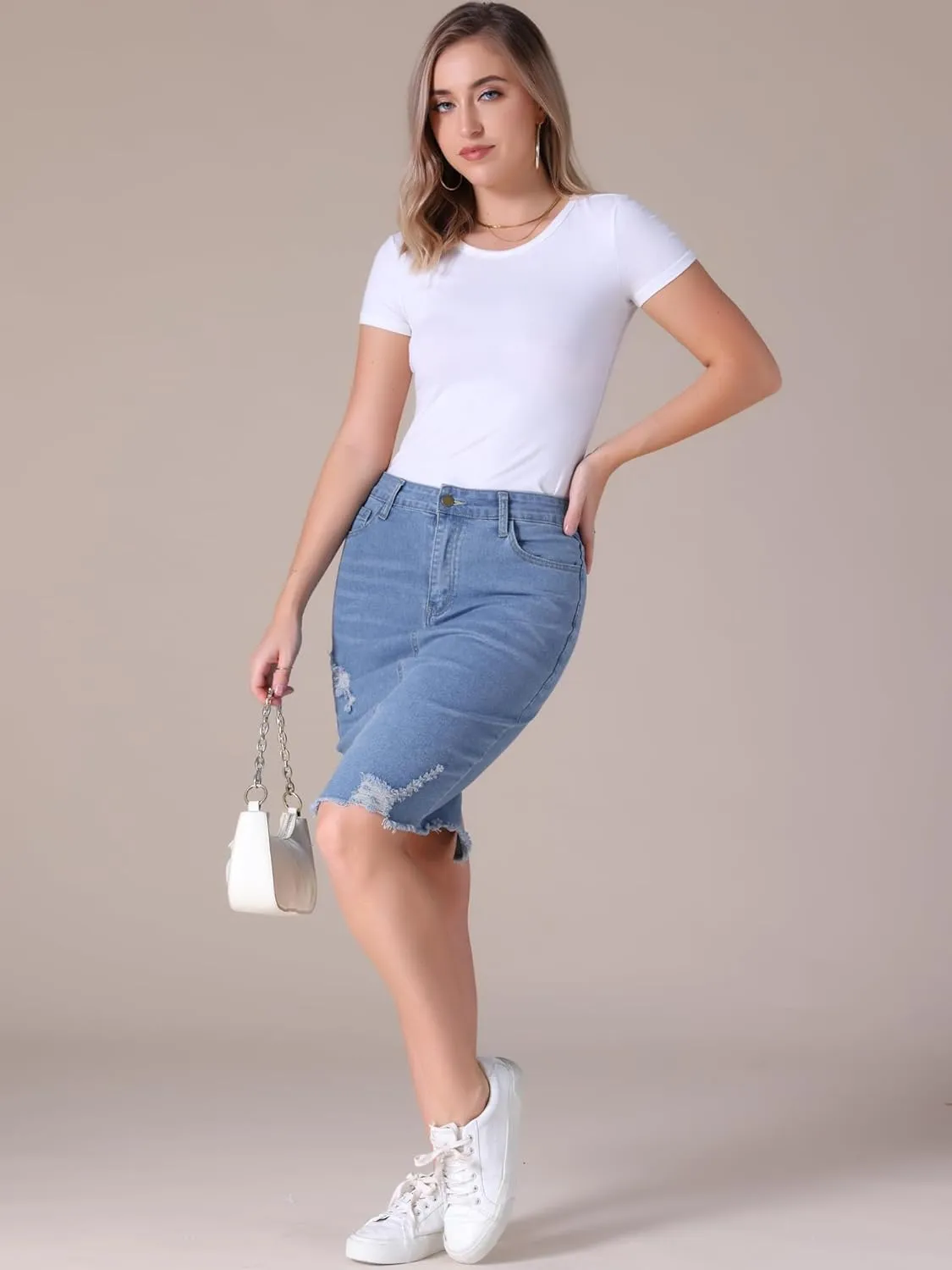 Women's Denim Skirt Stretch Denim High Waisted Raw Hem Above The Knee Pencil Skirt Jean Skirts
