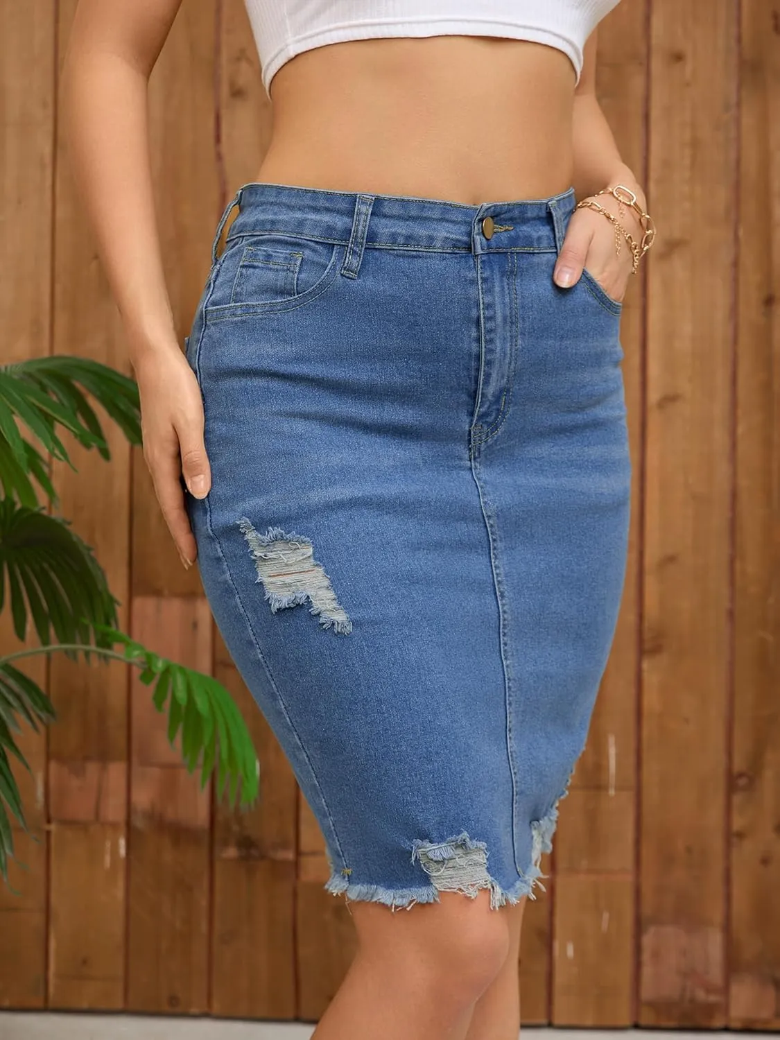 Women's Denim Skirt Stretch Denim High Waisted Raw Hem Above The Knee Pencil Skirt Jean Skirts