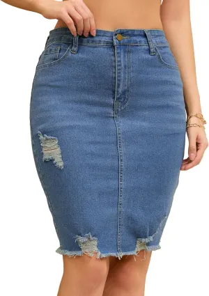 Women's Denim Skirt Stretch Denim High Waisted Raw Hem Above The Knee Pencil Skirt Jean Skirts