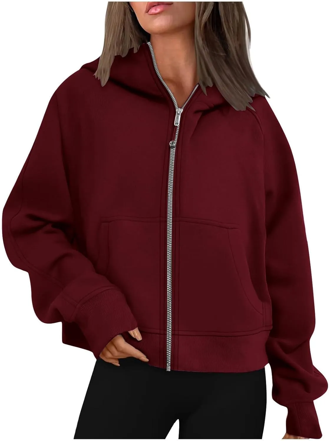 Womens Full-Zip Hoodie Fashion Oversized Solid Crewneck Fit Sweatshirts Long Sleeve Shirt Trendy Fall Outfits Tops