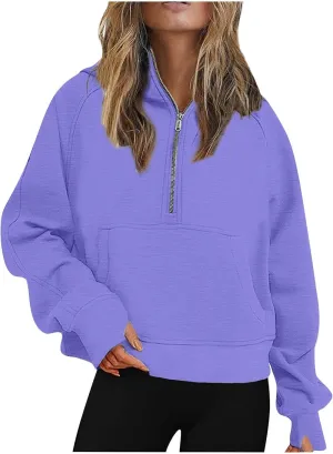 Women's Half Zip Cropped Sweatshirts Fleece Casual Loose Hoodie Quarter Zip Trendy Y2k Pullover Sweater With Pocket