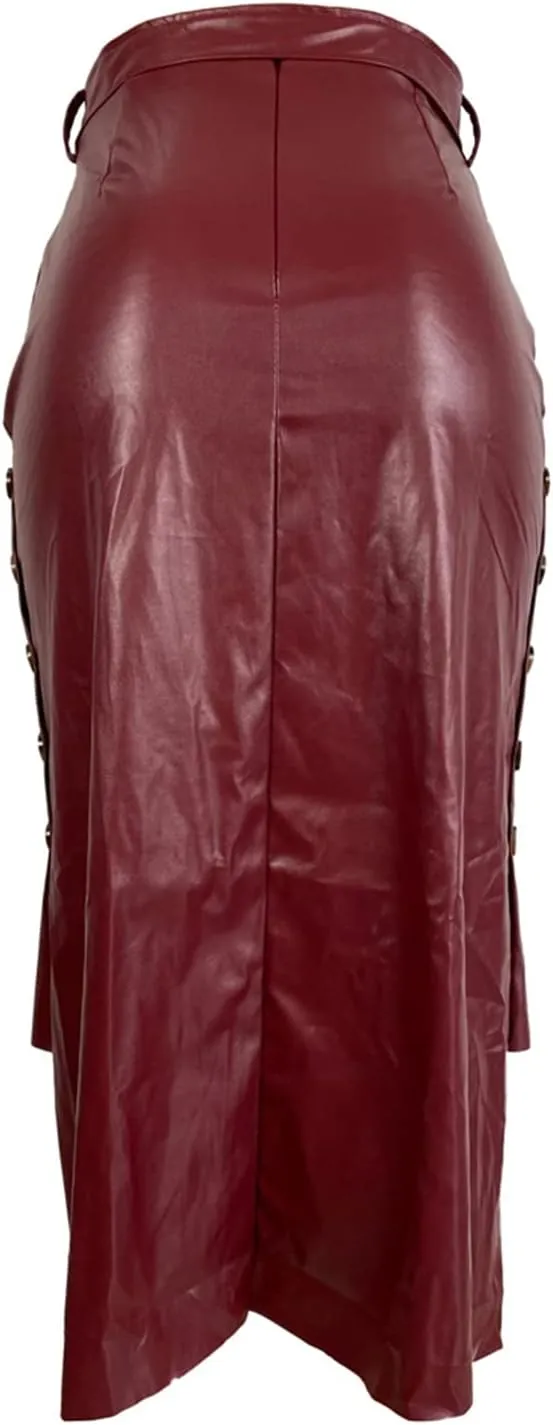 Womens High Waisted Belted Leather Pencil Skirt Side Button Split Faux Leather Work Midi Skirt Wrap