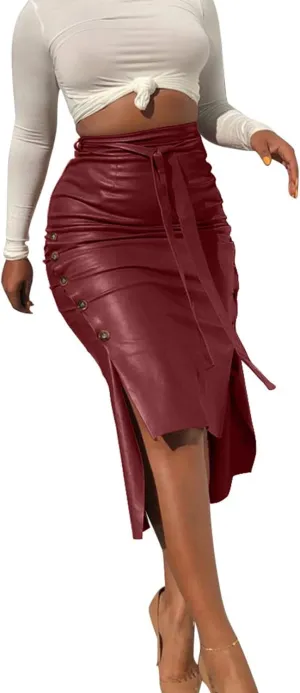Womens High Waisted Belted Leather Pencil Skirt Side Button Split Faux Leather Work Midi Skirt Wrap