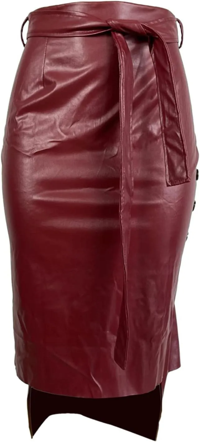 Womens High Waisted Belted Leather Pencil Skirt Side Button Split Faux Leather Work Midi Skirt Wrap