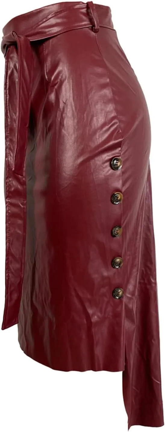 Womens High Waisted Belted Leather Pencil Skirt Side Button Split Faux Leather Work Midi Skirt Wrap