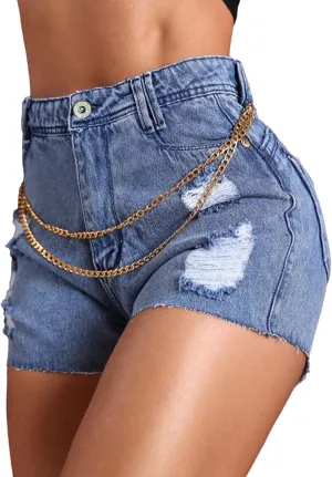 Women's High Waisted Ripped Raw Hem Jean Shorts with Chain