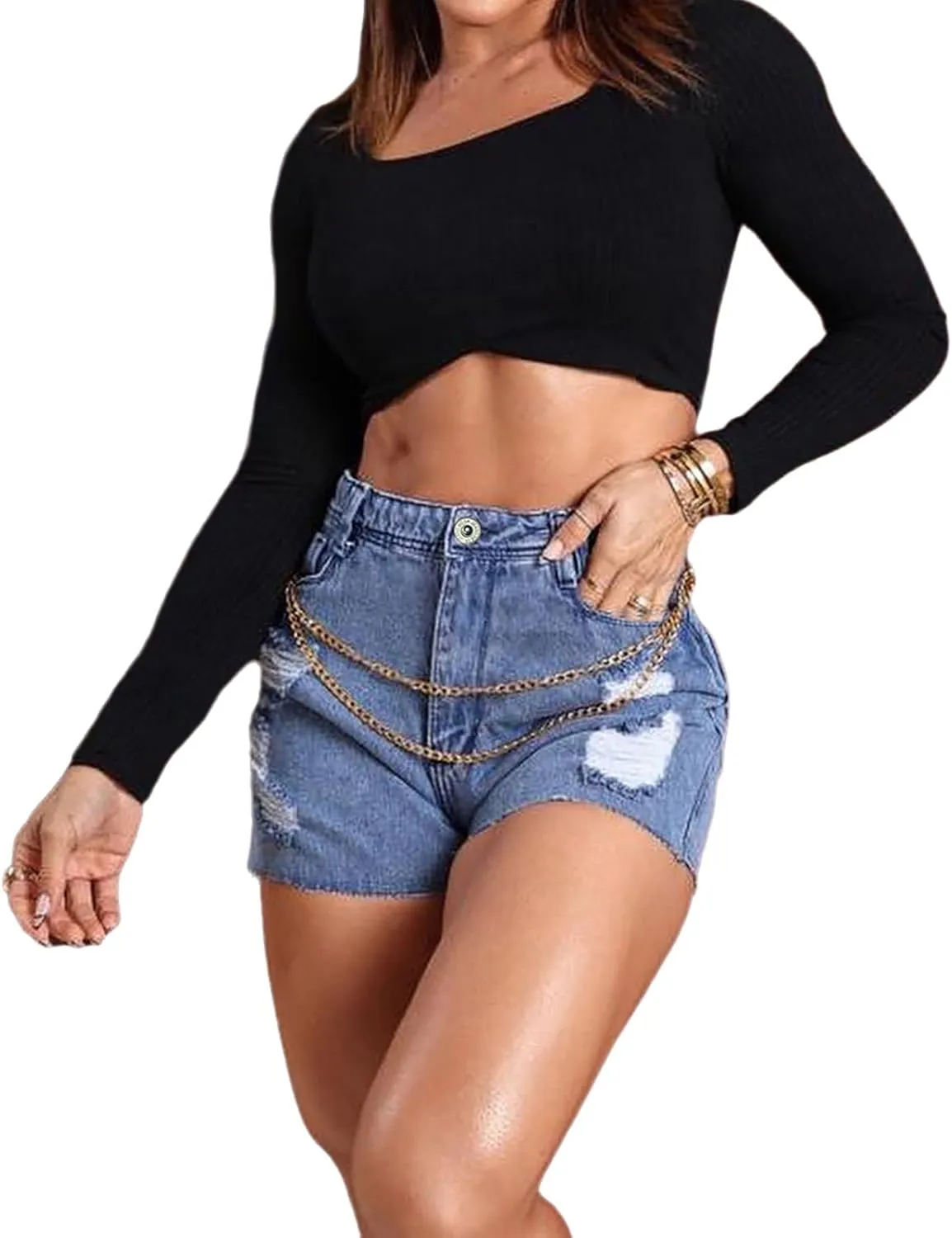 Women's High Waisted Ripped Raw Hem Jean Shorts with Chain