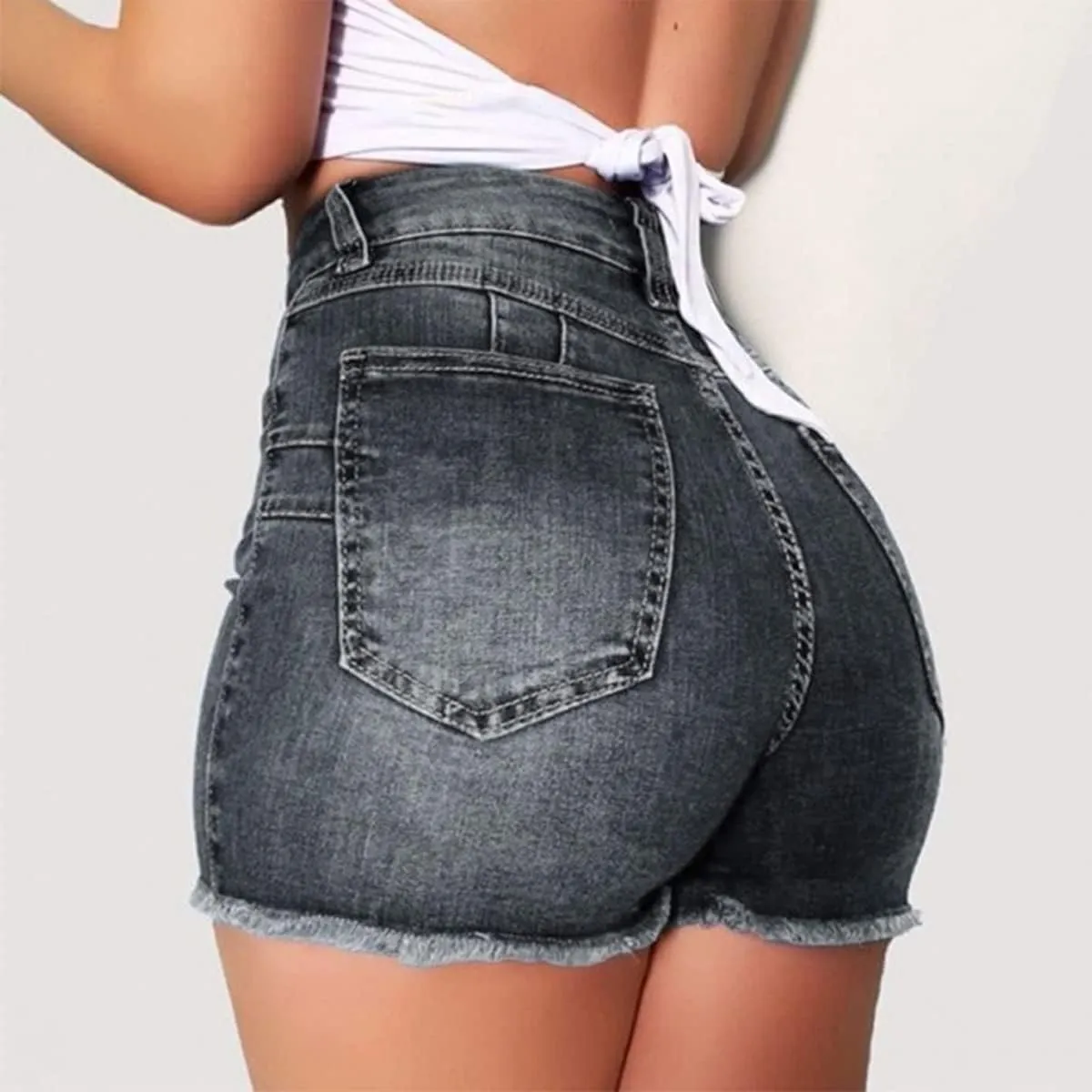 Womens High Waisted Skinny Stretchy Denim Shorts Frayed Raw Hem Casual Jean Shorts with Button Pockets