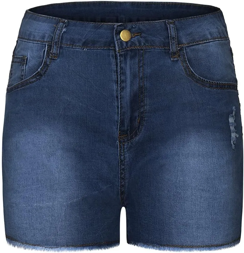 Womens High Waisted Skinny Stretchy Denim Shorts Frayed Raw Hem Casual Jean Shorts with Button Pockets