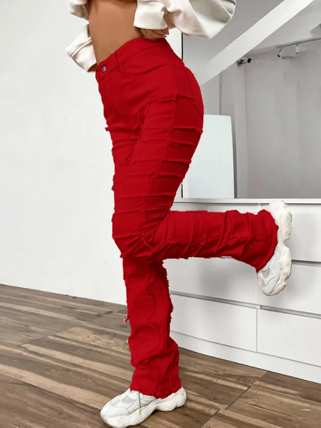 Women's High Waisted Straight Leg Slim Fit Raw Hem Patchwork Stretchy Y2K Stacked Mom Jeans Boyfriend Jeans for Teen Girls