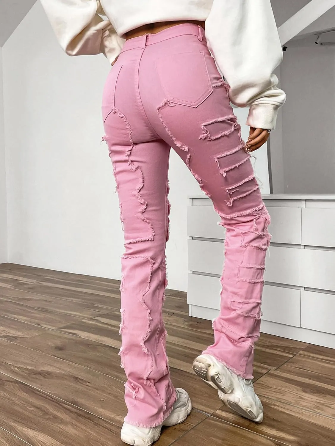Women's High Waisted Straight Leg Slim Fit Raw Hem Patchwork Stretchy Y2K Stacked Mom Jeans Boyfriend Jeans for Teen Girls