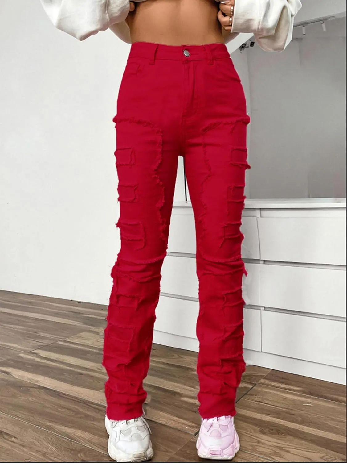 Women's High Waisted Straight Leg Slim Fit Raw Hem Patchwork Stretchy Y2K Stacked Mom Jeans Boyfriend Jeans for Teen Girls