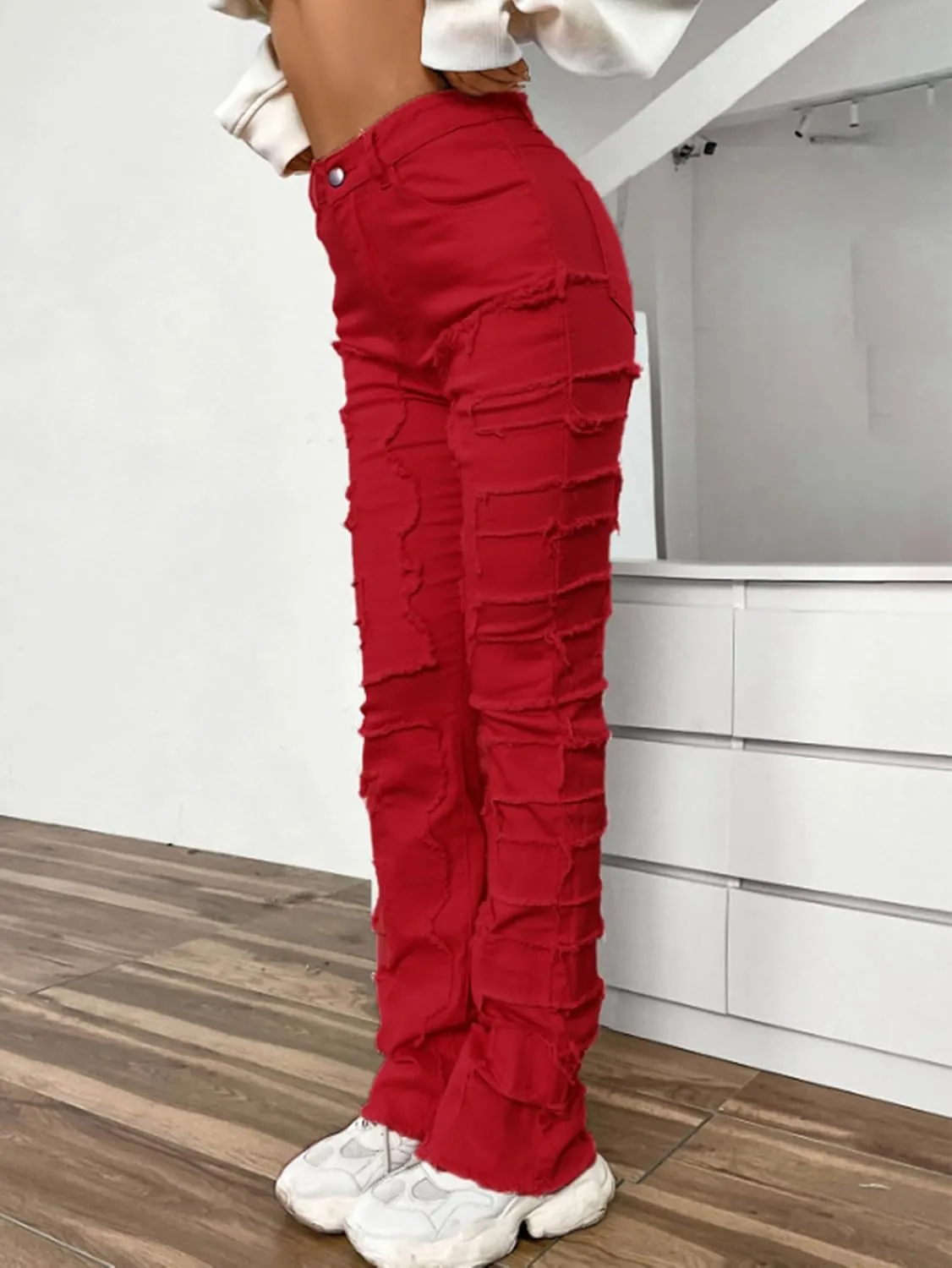Women's High Waisted Straight Leg Slim Fit Raw Hem Patchwork Stretchy Y2K Stacked Mom Jeans Boyfriend Jeans for Teen Girls