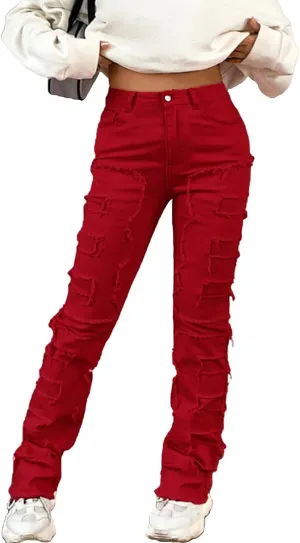 Women's High Waisted Straight Leg Slim Fit Raw Hem Patchwork Stretchy Y2K Stacked Mom Jeans Boyfriend Jeans for Teen Girls