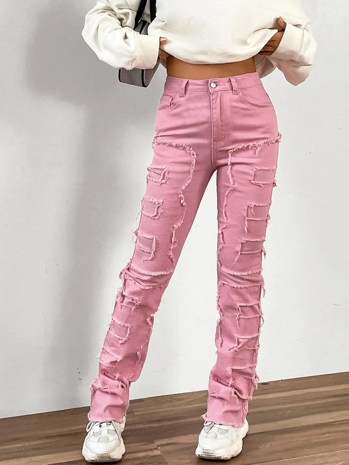 Women's High Waisted Straight Leg Slim Fit Raw Hem Patchwork Stretchy Y2K Stacked Mom Jeans Boyfriend Jeans for Teen Girls