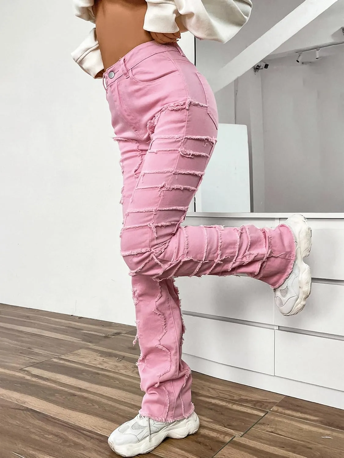 Women's High Waisted Straight Leg Slim Fit Raw Hem Patchwork Stretchy Y2K Stacked Mom Jeans Boyfriend Jeans for Teen Girls