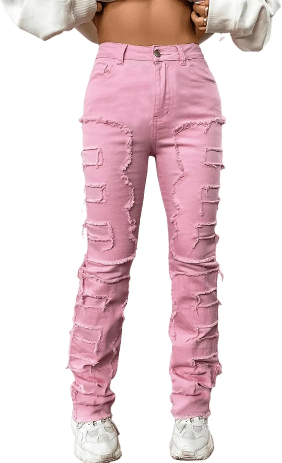 Women's High Waisted Straight Leg Slim Fit Raw Hem Patchwork Stretchy Y2K Stacked Mom Jeans Boyfriend Jeans for Teen Girls