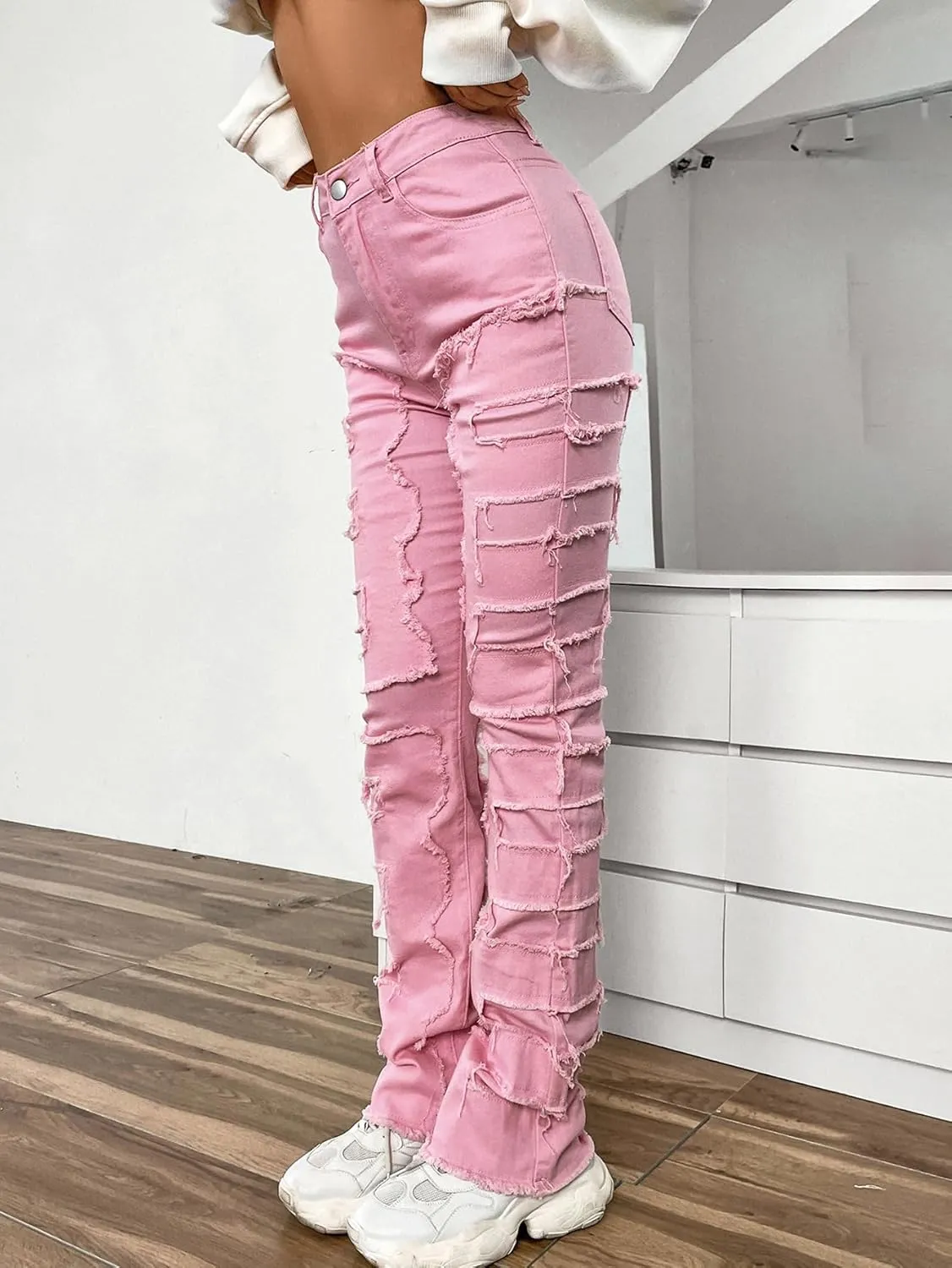 Women's High Waisted Straight Leg Slim Fit Raw Hem Patchwork Stretchy Y2K Stacked Mom Jeans Boyfriend Jeans for Teen Girls