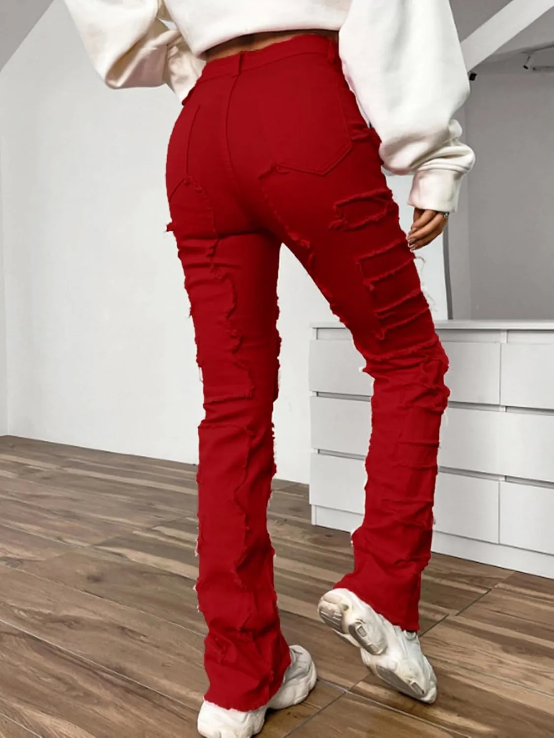 Women's High Waisted Straight Leg Slim Fit Raw Hem Patchwork Stretchy Y2K Stacked Mom Jeans Boyfriend Jeans for Teen Girls