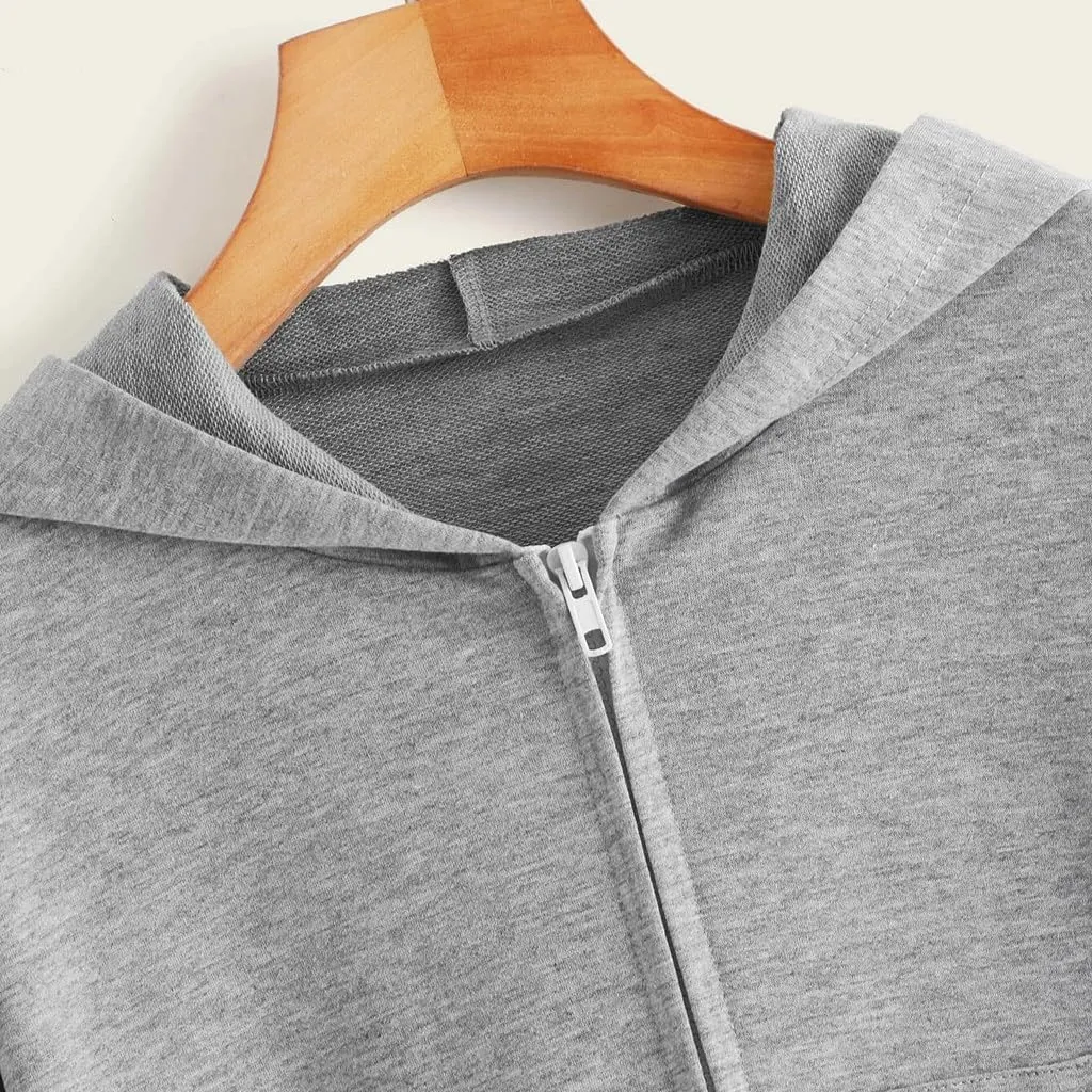 Women's Hooded Sweatshirts Solid Color Fall Fashion Long Sleeve Lightweight Zip Up Crop Hoodies for Women