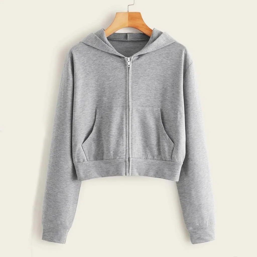 Women's Hooded Sweatshirts Solid Color Fall Fashion Long Sleeve Lightweight Zip Up Crop Hoodies for Women