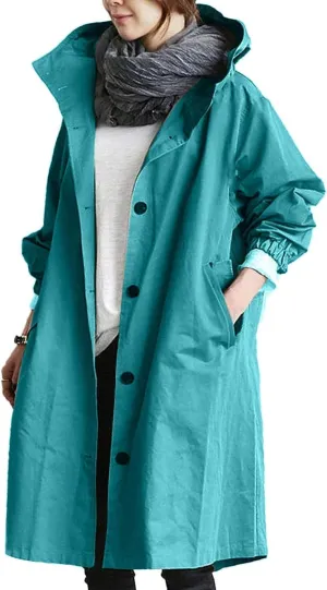 Womens Hooded Trench Coat Winter Lightweight Waterproof Rain Jacket Outdoor Button Down Oversized Windbreaker Outwear