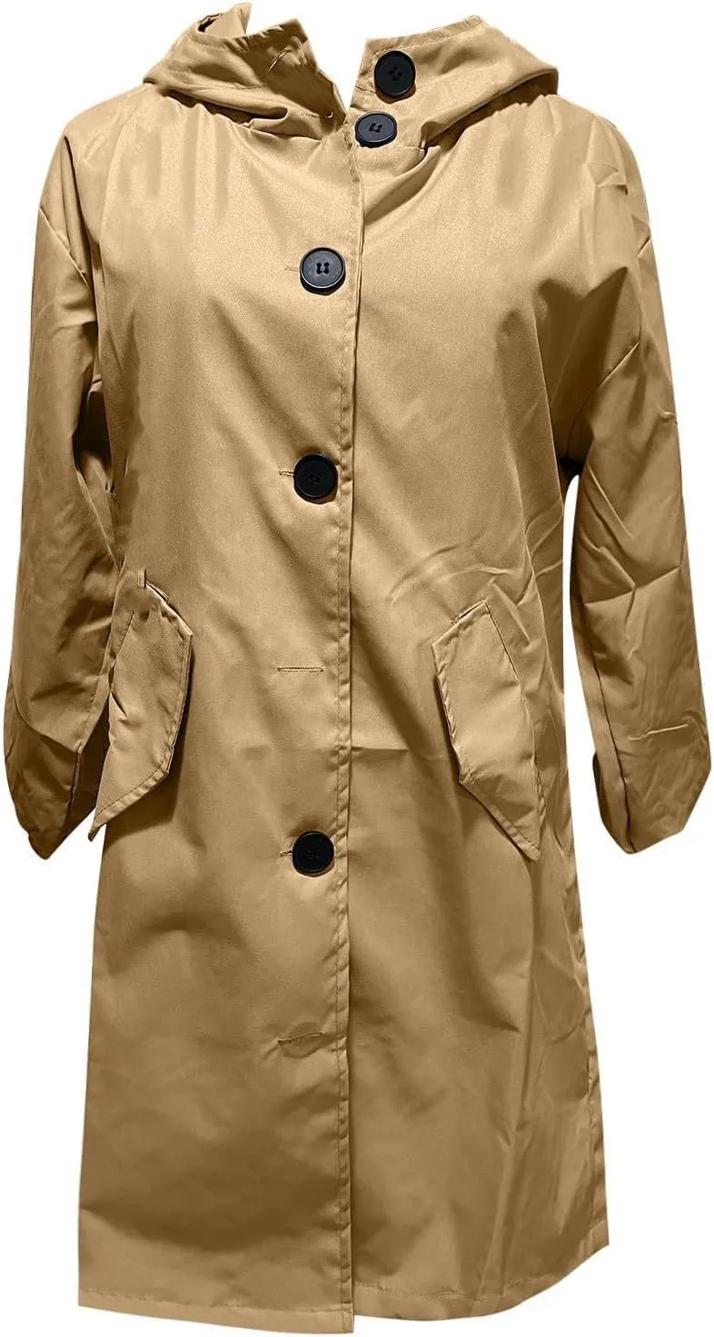 Womens Hooded Trench Coat Winter Lightweight Waterproof Rain Jacket Outdoor Button Down Oversized Windbreaker Outwear