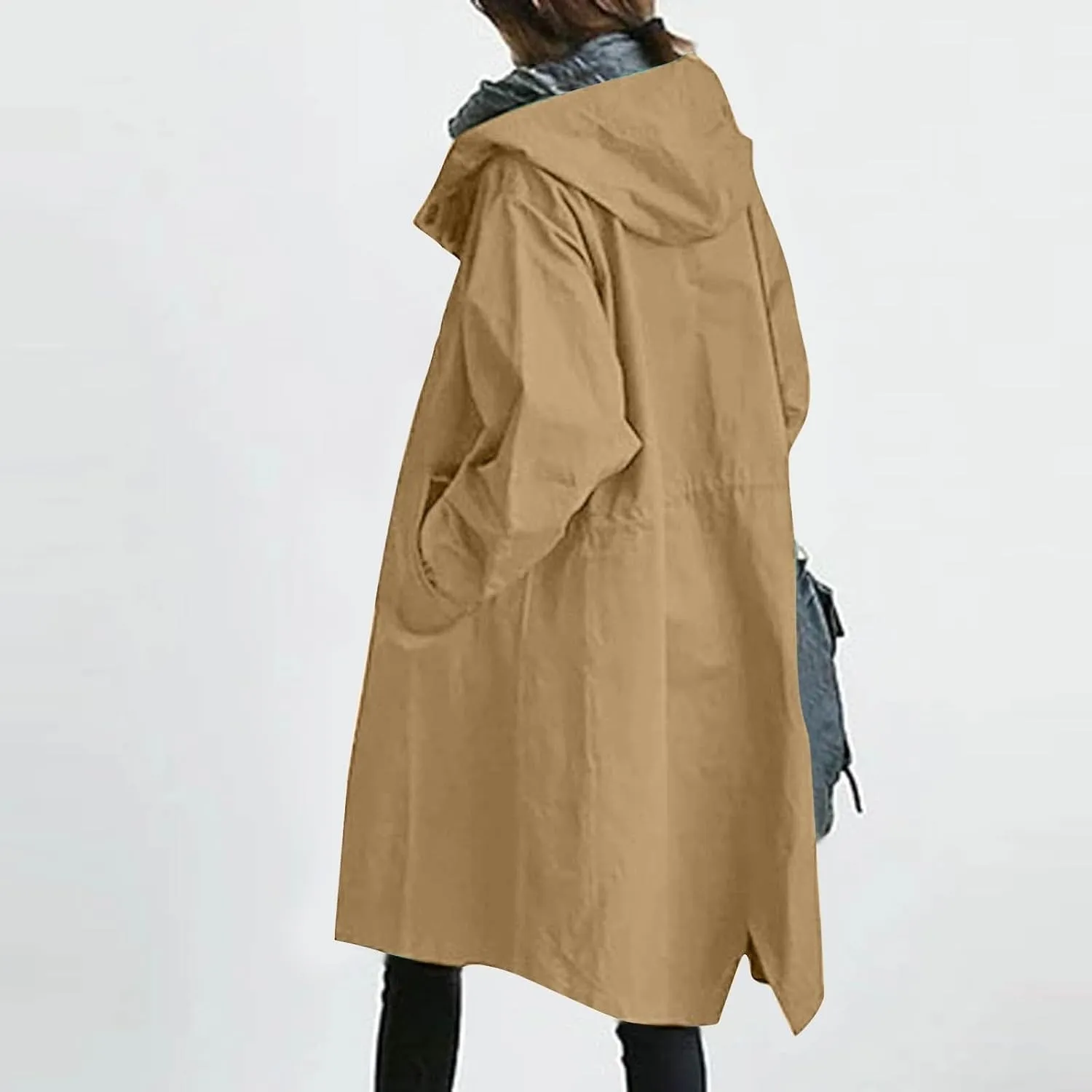 Womens Hooded Trench Coat Winter Lightweight Waterproof Rain Jacket Outdoor Button Down Oversized Windbreaker Outwear