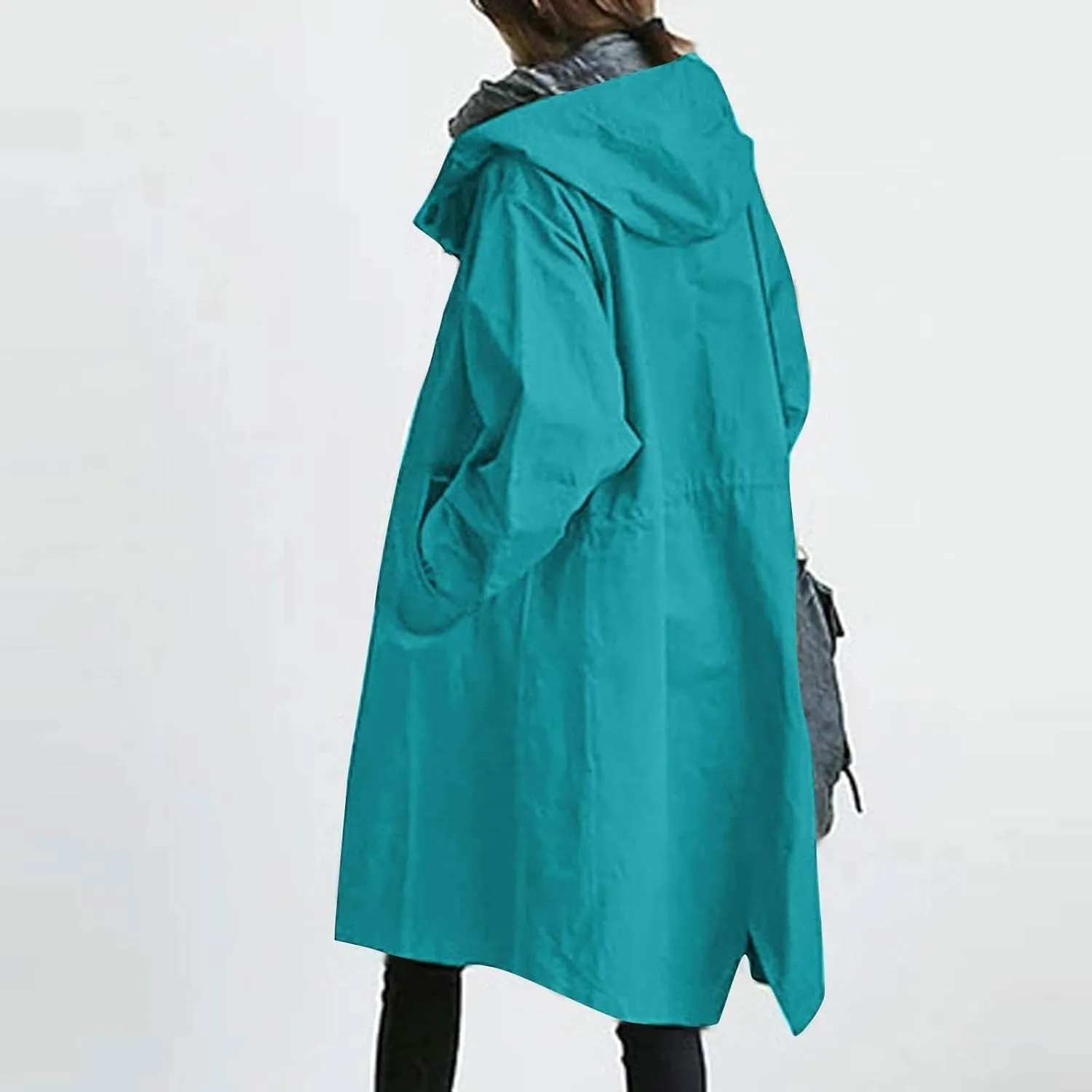 Womens Hooded Trench Coat Winter Lightweight Waterproof Rain Jacket Outdoor Button Down Oversized Windbreaker Outwear