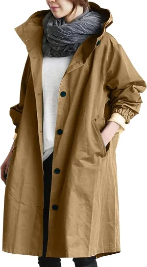 Womens Hooded Trench Coat Winter Lightweight Waterproof Rain Jacket Outdoor Button Down Oversized Windbreaker Outwear