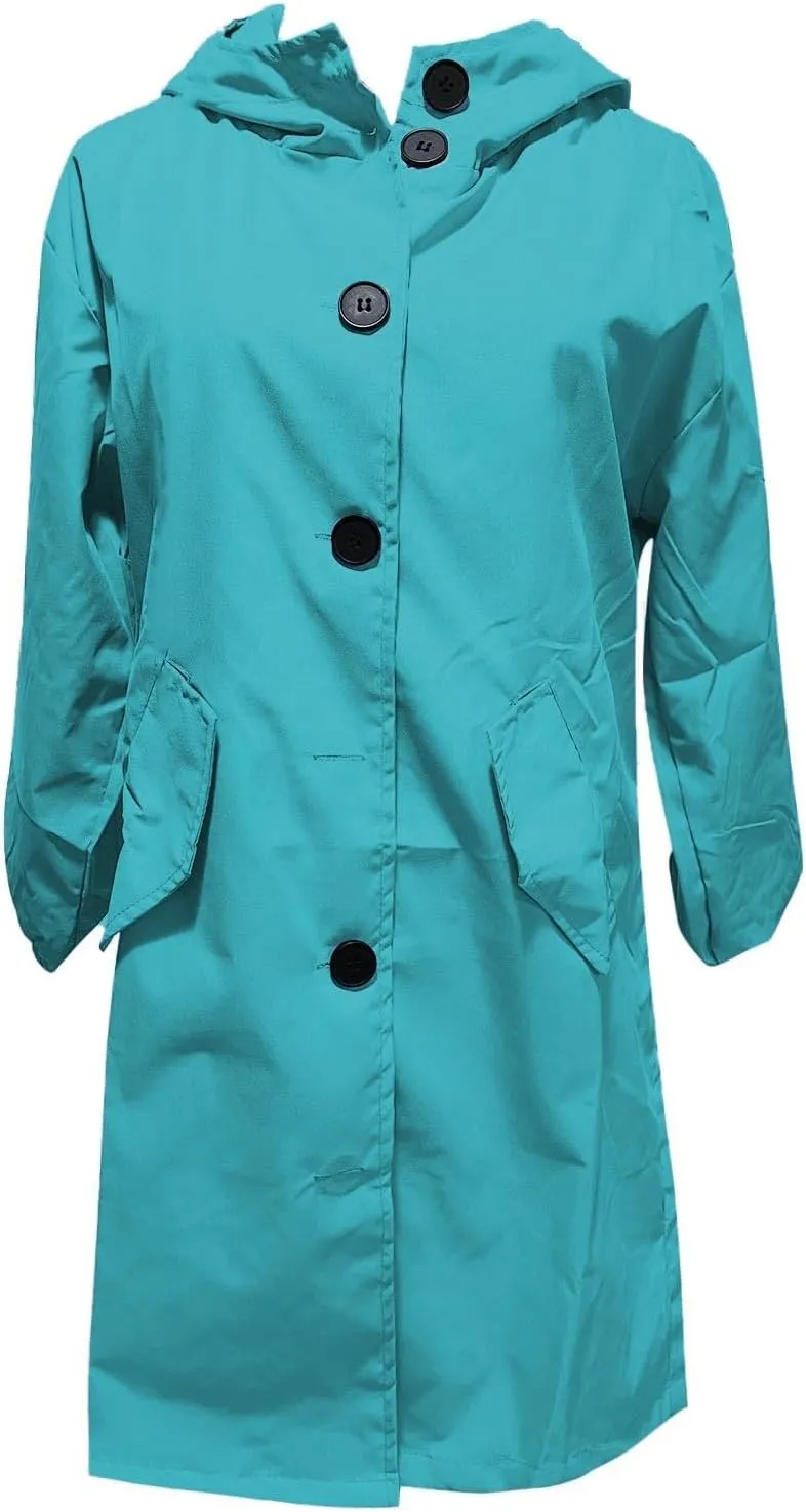 Womens Hooded Trench Coat Winter Lightweight Waterproof Rain Jacket Outdoor Button Down Oversized Windbreaker Outwear