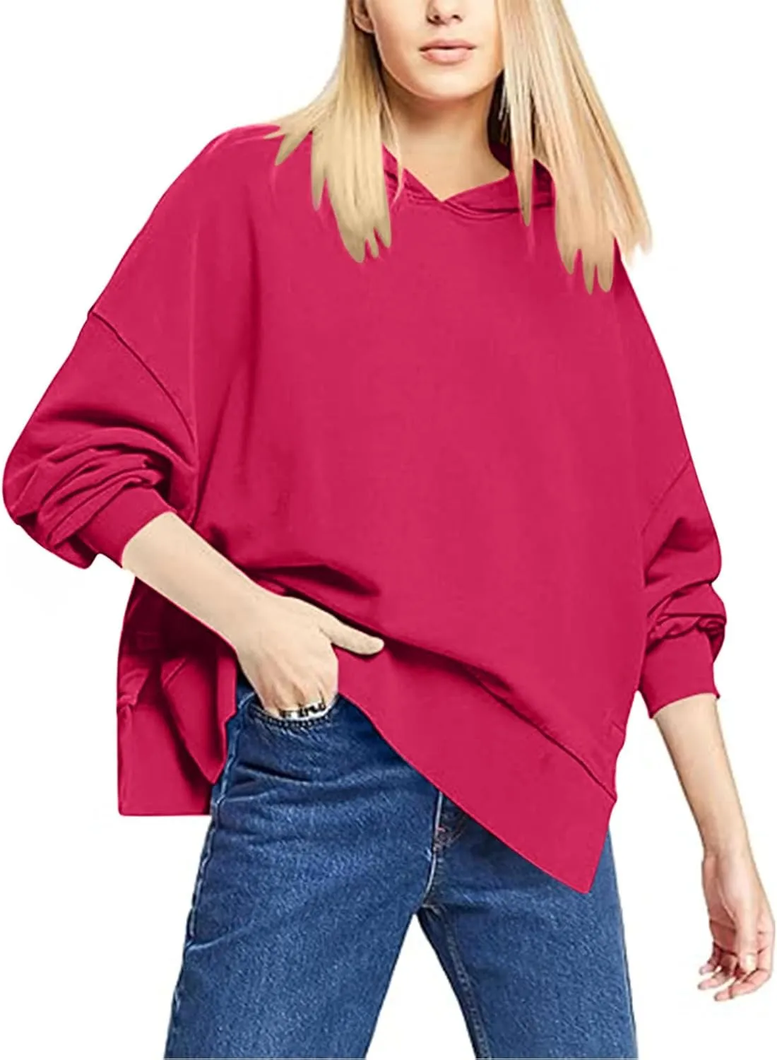 Women's Hoodies 2024 Slit Hem Oversized Baggy Sweatshirt Solid Casual Loose Soft Long Sleeve Pullover Tops