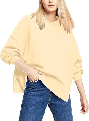 Women's Hoodies 2024 Slit Hem Oversized Baggy Sweatshirt Solid Casual Loose Soft Long Sleeve Pullover Tops