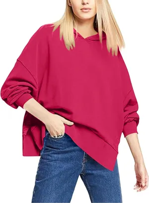 Women's Hoodies 2024 Slit Hem Oversized Baggy Sweatshirt Solid Casual Loose Soft Long Sleeve Pullover Tops